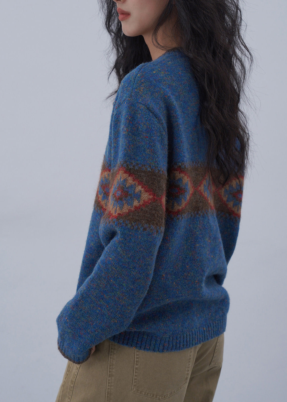 Italian Blue V Neck Jacquard Knitted Sweaters Tops Spring