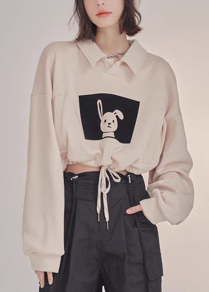 Khaki Peter Pan Collar Print Drawstring Sweatshirts Fall