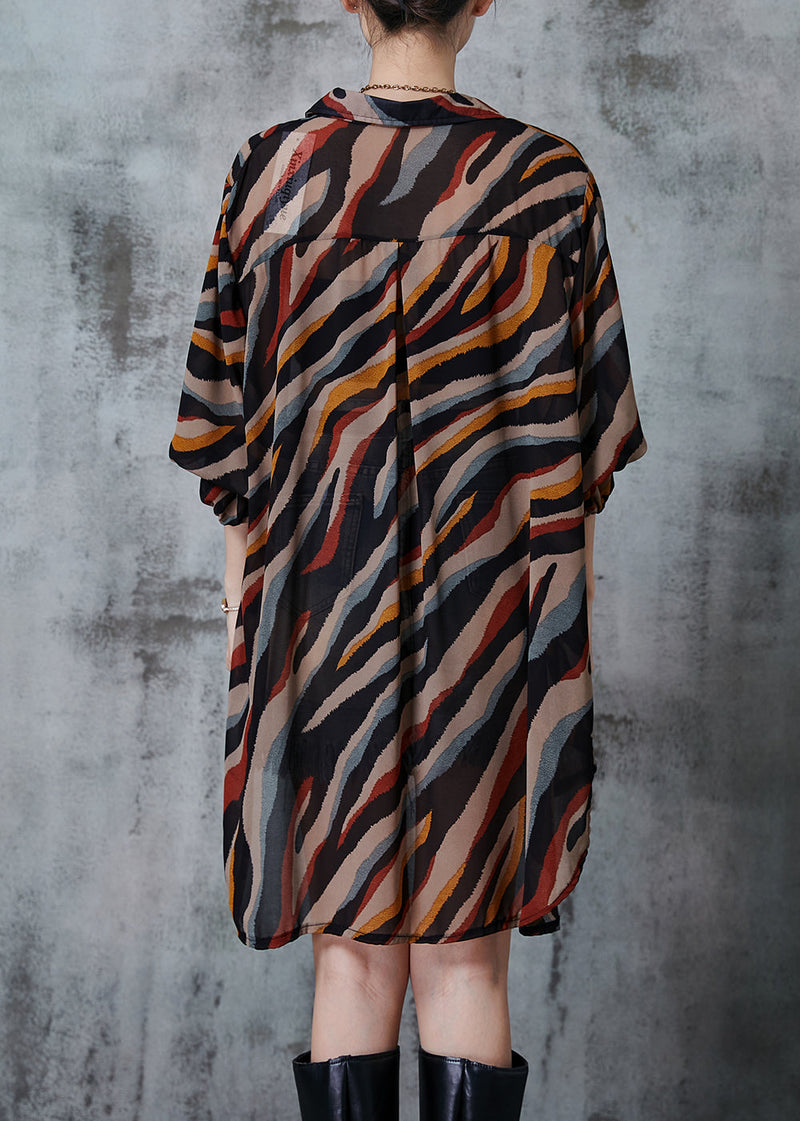 Brown Print Chiffon Long Shirt Tops Oversized Fall