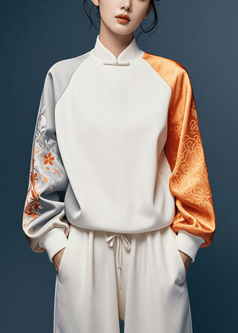 White Asymmetrical Patchwork Silk Oriental Tops Spring