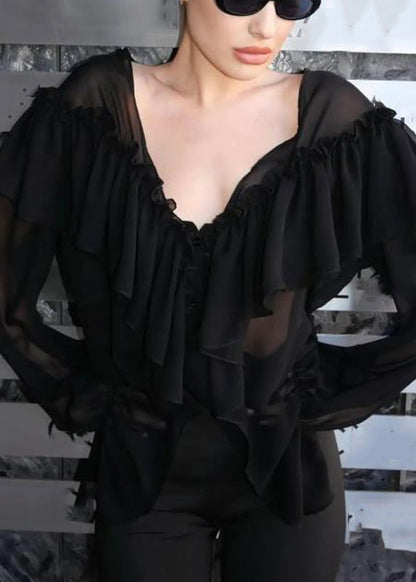 White V Neck Ruffled Patchwork Chiffon Shirt Flare Sleeve