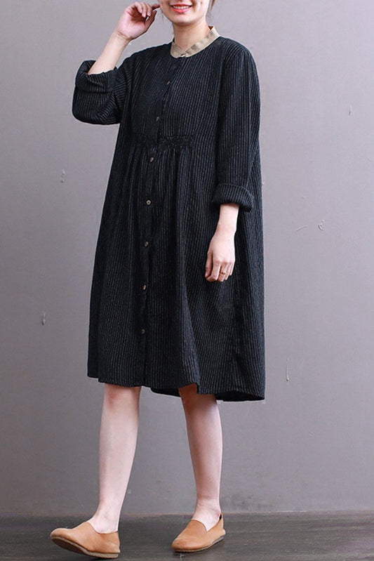 Stripe Literary Dress, Loose A-shape High Waist Dress