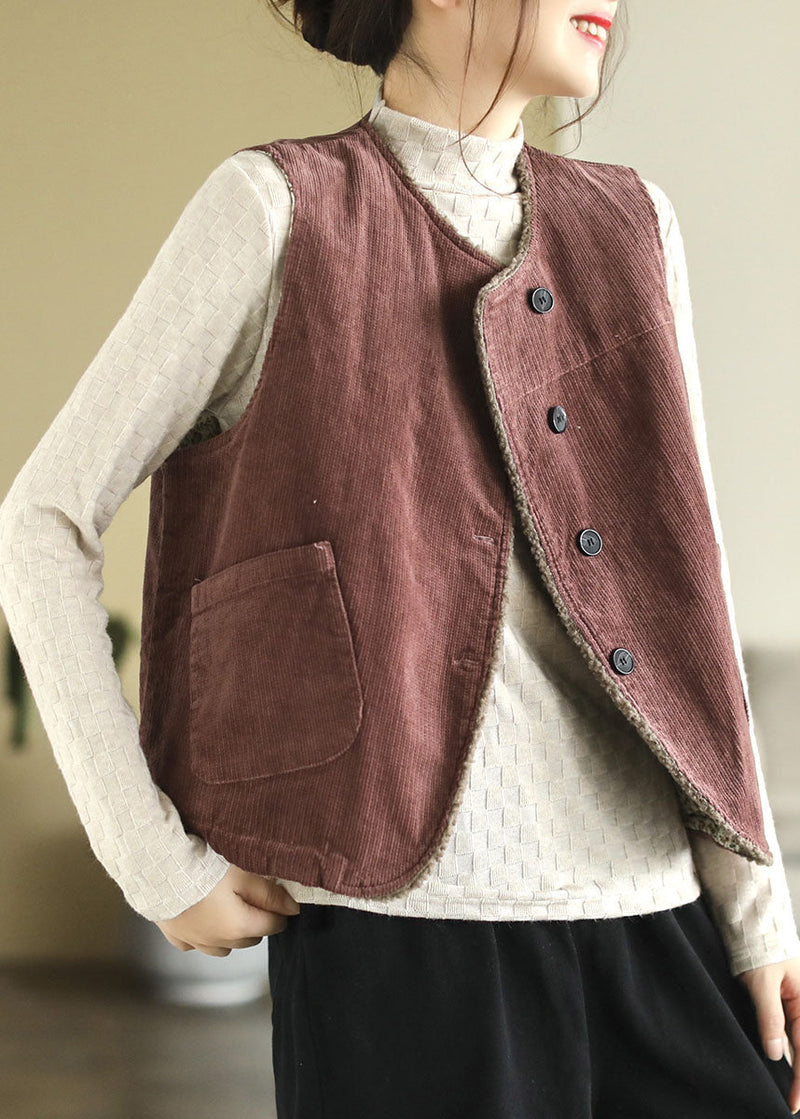 Fitted Mulberry O-neck Fuzzy Wool Lined Thick Corduroy Vest Tops Winter