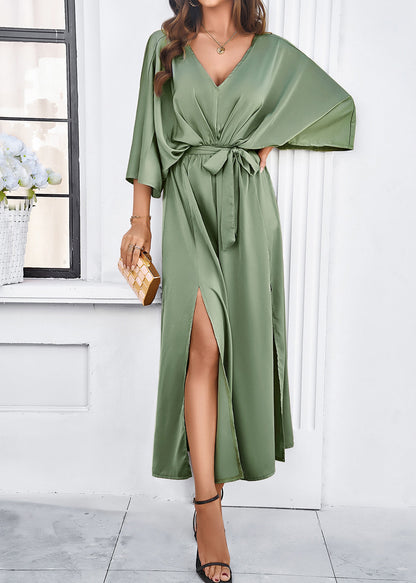 Classy Champagne V Neck Lace Up Silk Dresses Batwing Sleeve