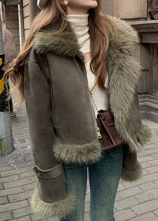 Blackish Green Fur Collar Patchwork Faux Suede Parkas Winter