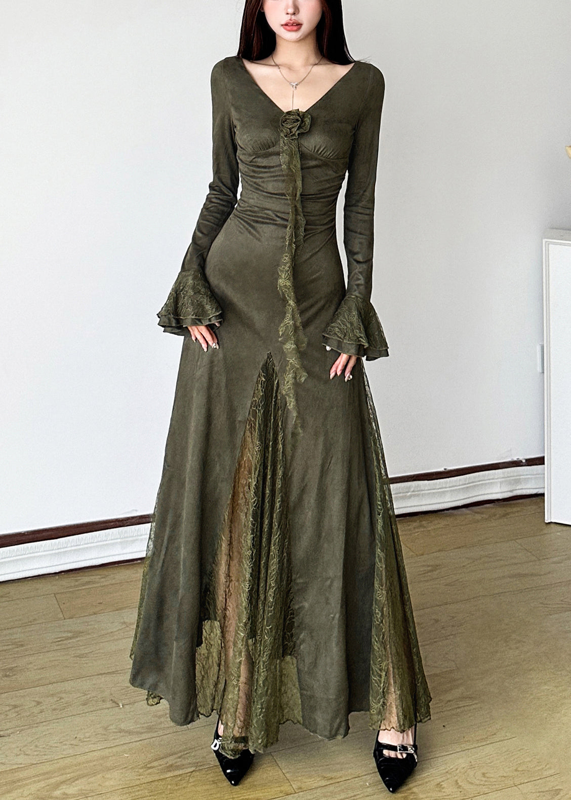 Blackish Green Patchwork Lace Long Dress Flare Sleeve