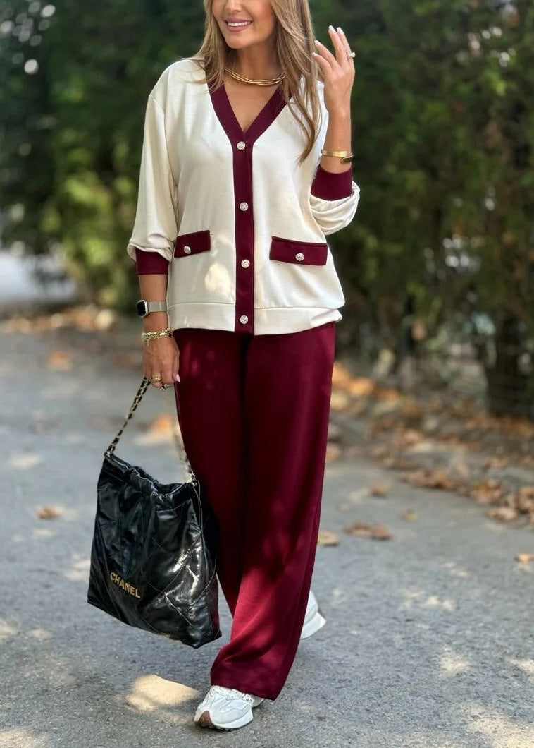 Loose Red V Neck Cardigans and Pants Knit Two Piece Set Fall
