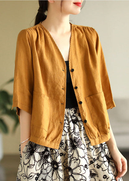 Yellow V Neck Pockets Linen Shirt Tops Half Sleeve