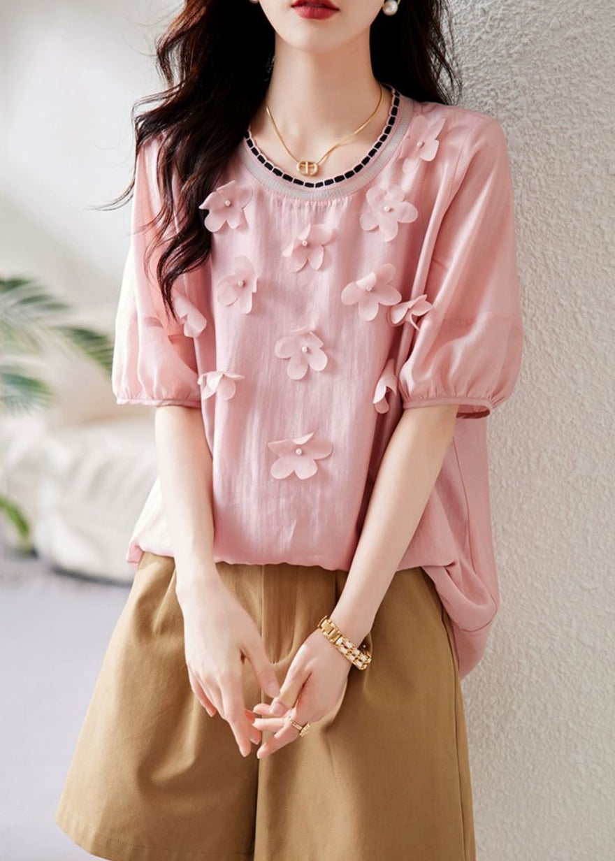 Pink Knit Patchwork Chiffon Shirt Summer