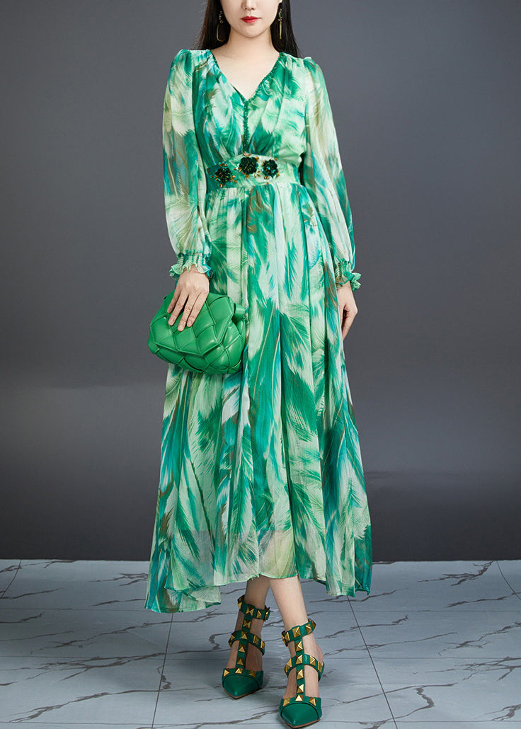 Green V Neck Print High Waist Chiffon Dress Butterfly Sleeve