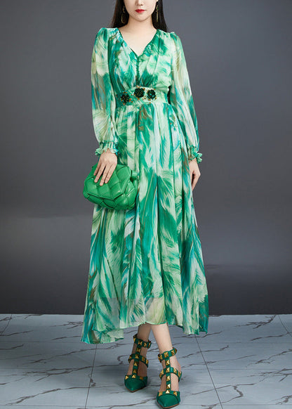 Green V Neck Print High Waist Chiffon Dress Butterfly Sleeve