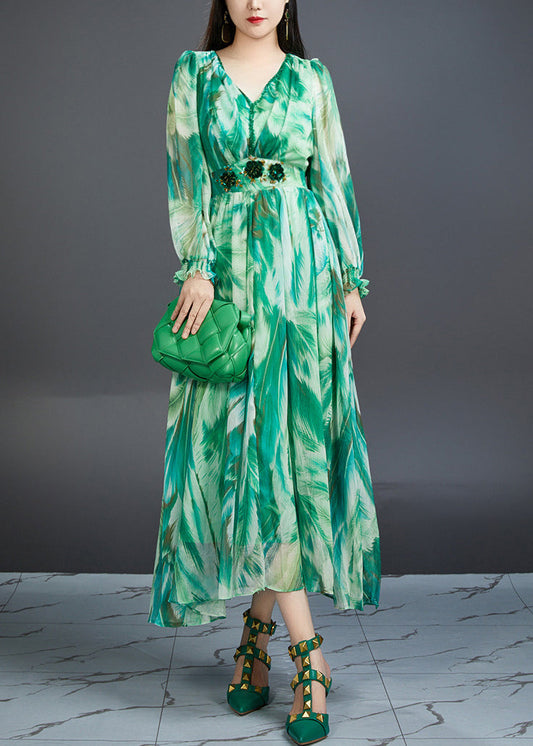 Green V Neck Print High Waist Chiffon Dress Butterfly Sleeve