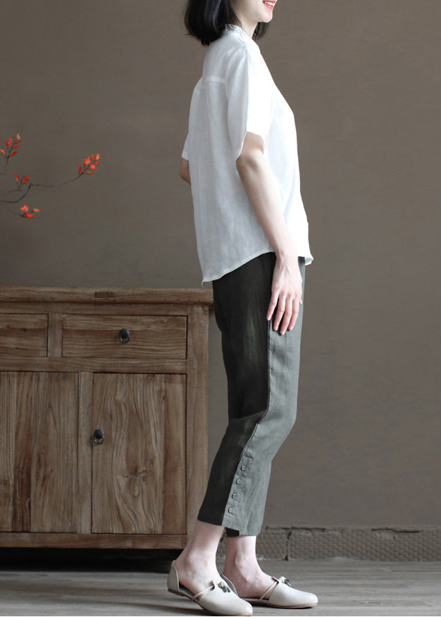 White Peter Pan Collar Pocket Linen Shirts Half Sleeve