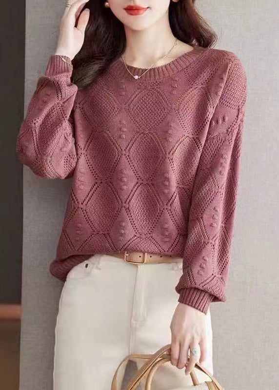 Rose O-neck Hollow Out Cotton Knitted Sweaters Fall