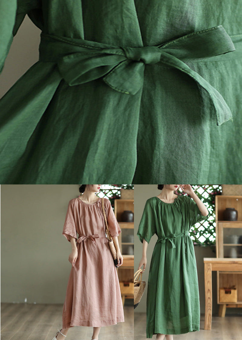 Green Tie Waist Long Dress Half Sleeve