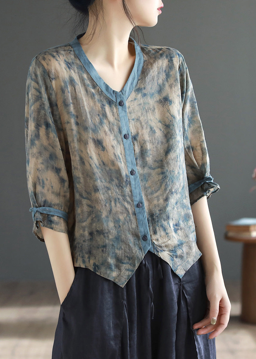 Grey Print Button Ramie Tops Half Sleeve