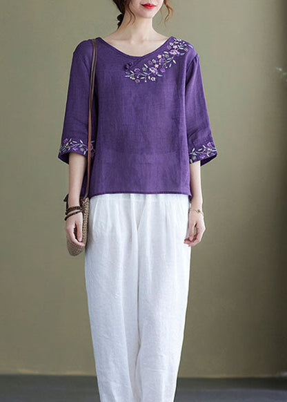 Diy Purple Embroideried Side Open Half Sleeve Top