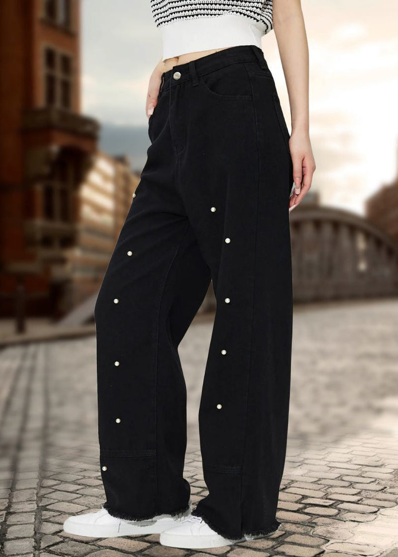 Black Pockets Pearl Straight Denim Pants Fall