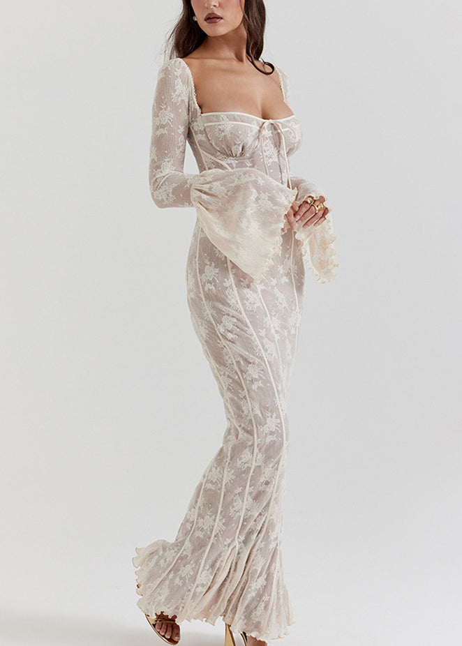 Slim Fit White Square Collar Backless Lace Long Dresses Flare Sleeve