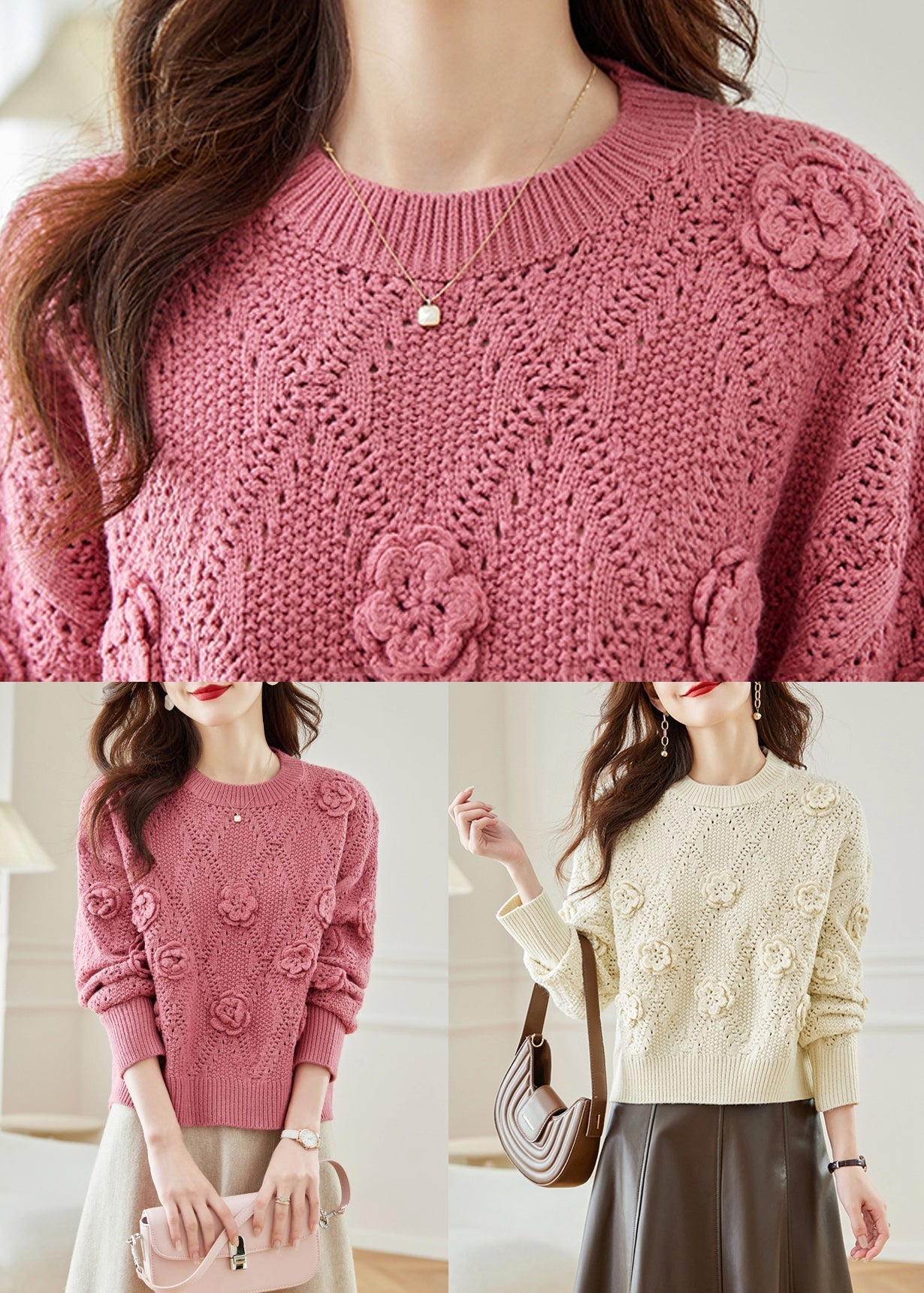Pink Hollow Out Knit Sweaters Fall