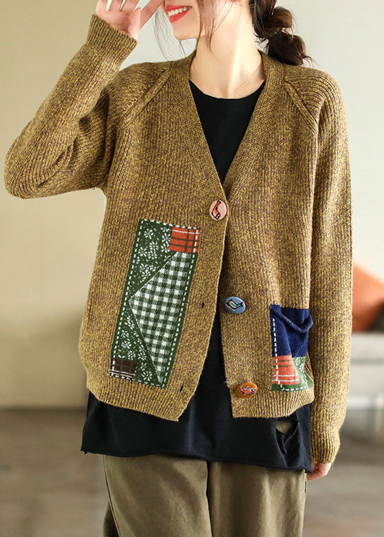 Yellow V Neck Patchwork Applique Knit Cardigans Winter