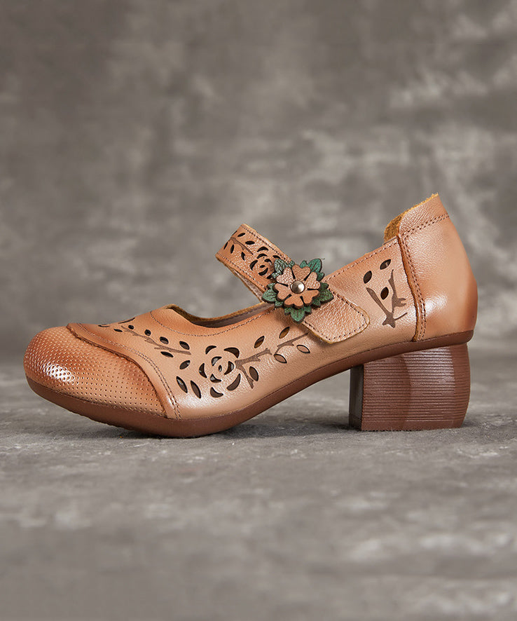 Chocolate Chunky Heel Cowhide Leather Hollow Out Splicing Buckle Strap