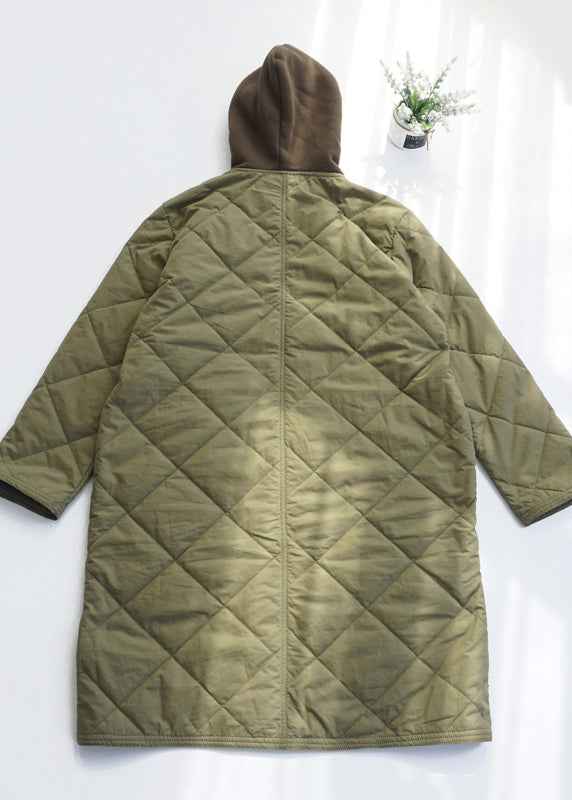 Army Green Pockets Fine Cotton Filled Hooded Coat Fall