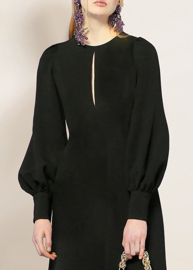 Black O-neck Cotton Dress Lantern Sleeve