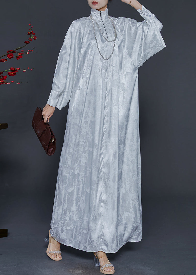 White Zip Up Jacquard Wear on Both Sides Silk Long Dress Fall