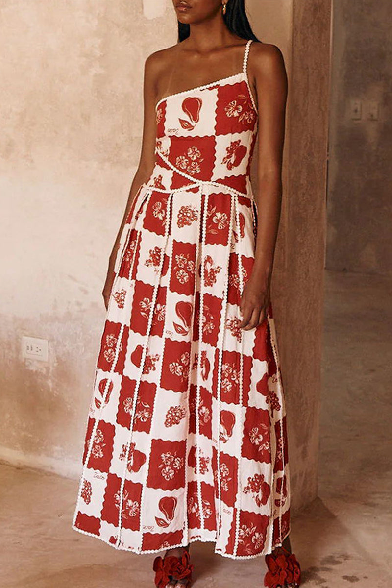 Fruit Print Lace Patchwork Oblique Collar Irregular Dresses