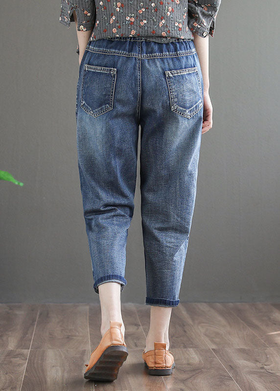 Denim Blue Elastic Waist Embroidered Cotton Crop Pants Spring