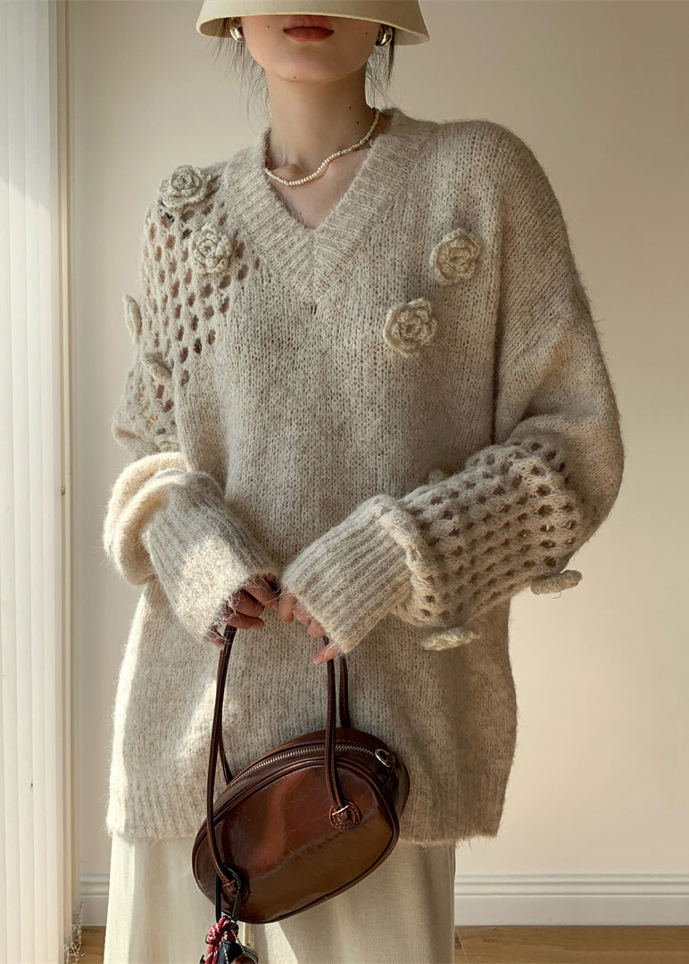 Apricot V Neck Hollow Out Cotton Knit Sweater Winter