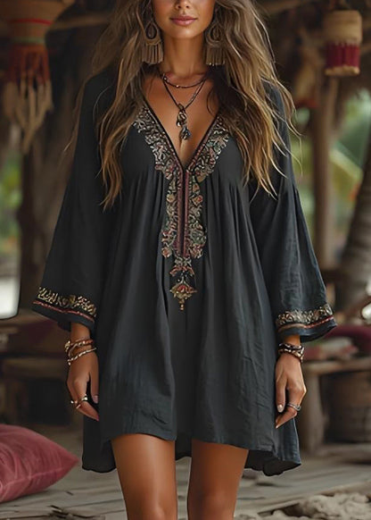 Black V Neck Print Cotton Mid Dresses Summer