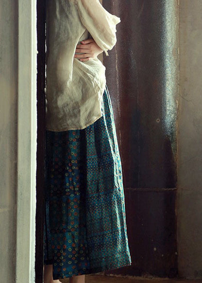 Green Elastic Waist Print Patchwork Linen Skirts Fall