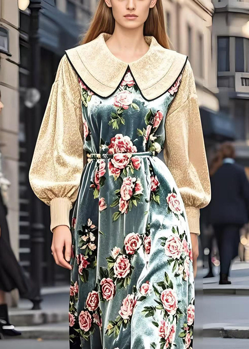 Beige Peter Pan Collar Patchwork Silk Velvet Dresses Spring
