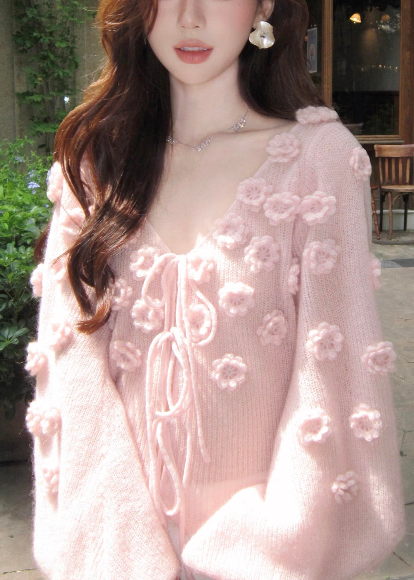 Pink V Neck Lace Up Knit Short Sweater Fall