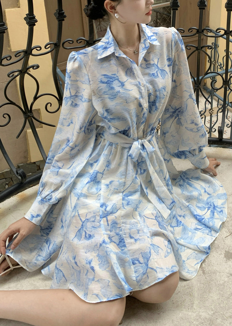 Blue Peter Pan Collar Print Tie Waist Cotton Blouses Dress Fall