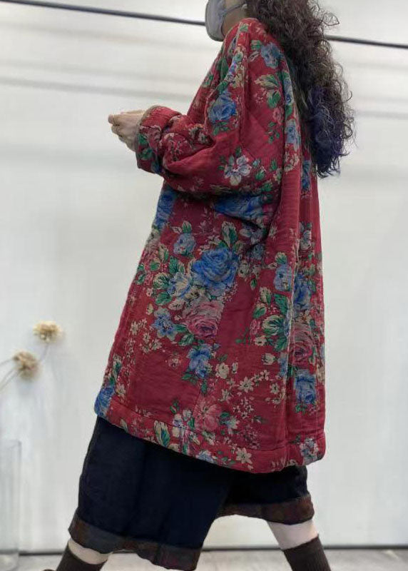 Red O Neck Print Fine Cotton Filled Top Winter