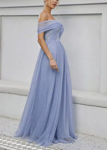 Blue Slash Neck High Waist Tulle Maxi Dress Summer
