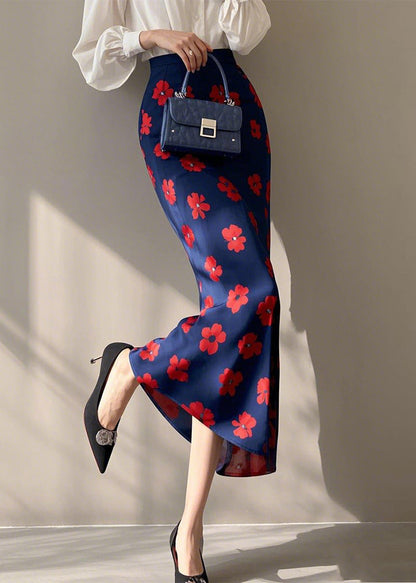 Blue Print High Waist Cotton Skirt Spring