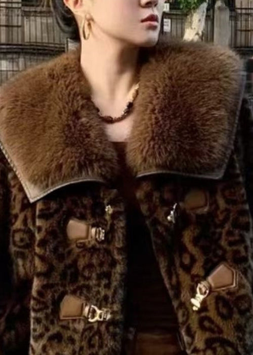 Leopard Peter Pan Collar Button Mink Hair Coats Winter
