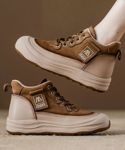 Red Platform Cowhide Leather Lace Up Splicing Flat Feet Shoes