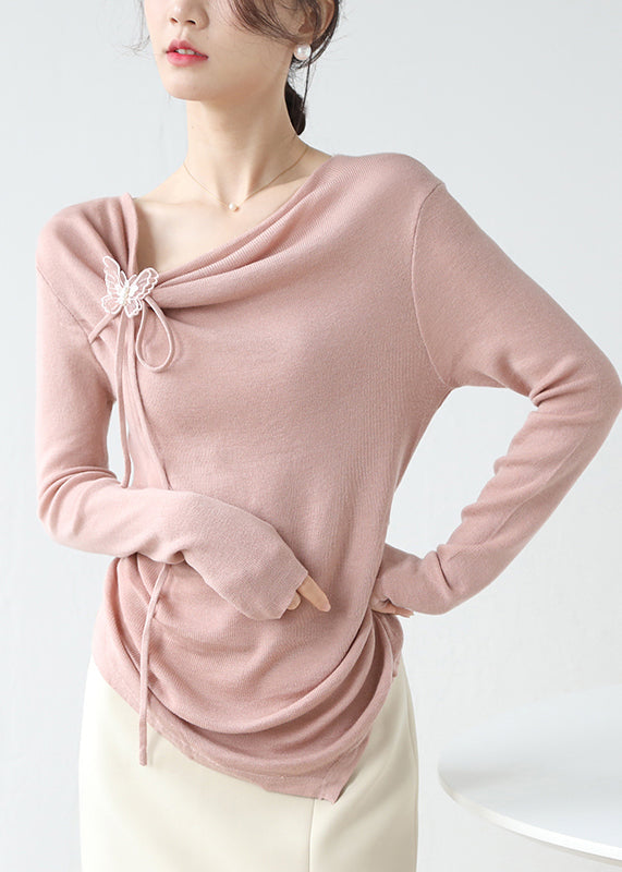 French Pink Asymmetrical Wrinkled Knit Top Spring