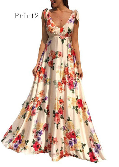 European and American Backless Print Dress Large Swing Sleeveless Design