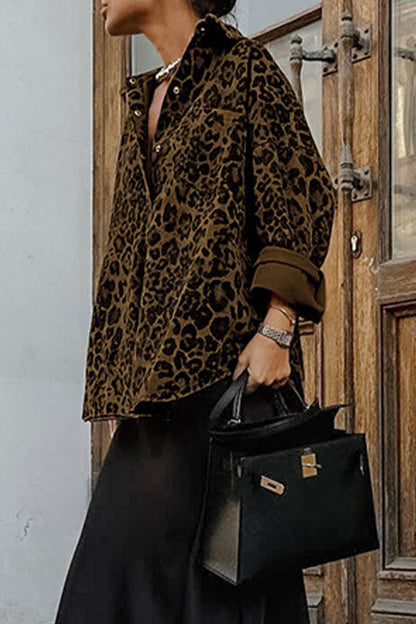Street Leopard Print Buttons Turndown Collar Tops