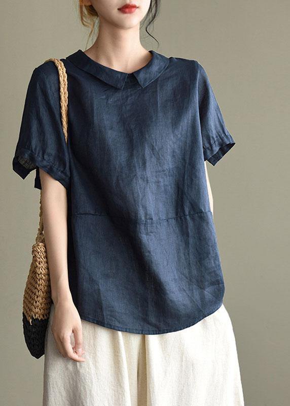 Simple Print5 Peter Pan Collar Patchwork Summer Linen Blouses