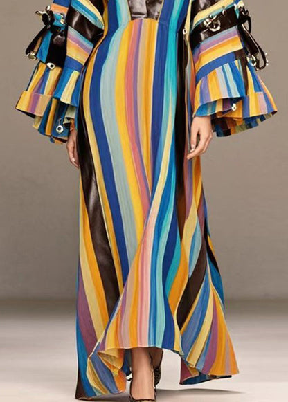 Rainbow Striped Patchwork Pu Rivet Cotton Maxi Dresses Fall