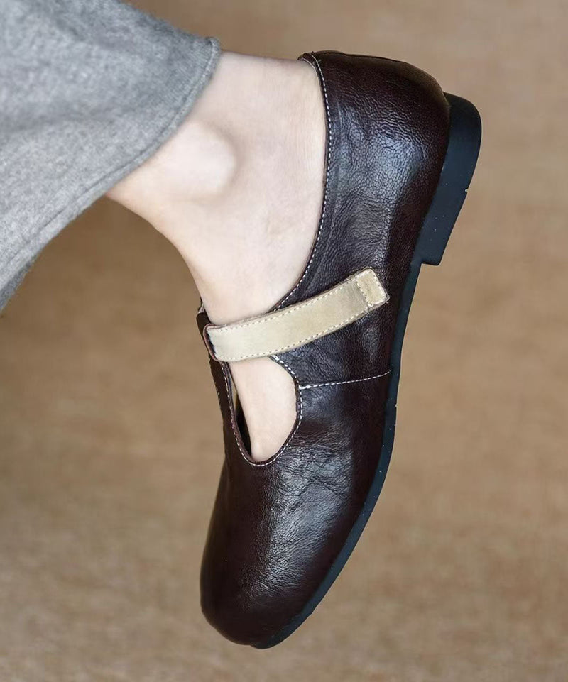 Chocolate Sheepskin Flat Shoes Splicing Buckle Strap