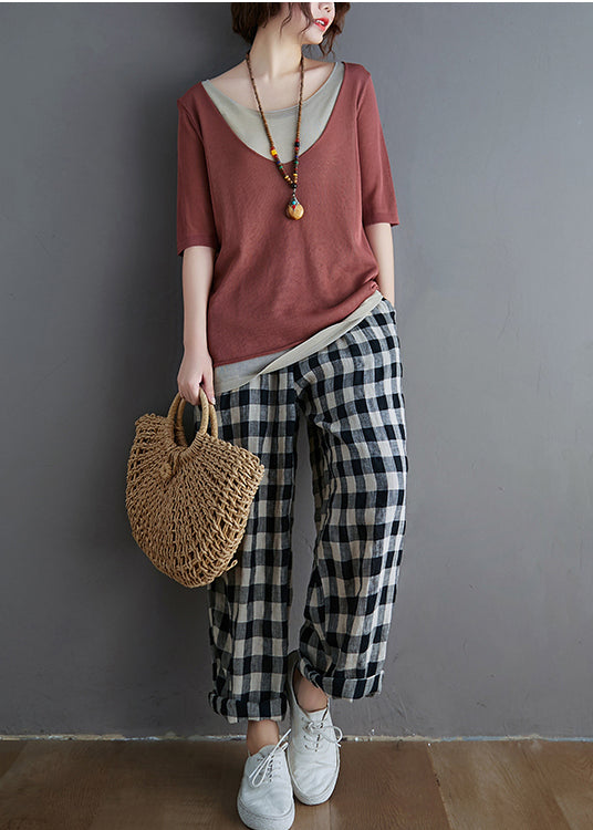 Brick Red Patchwork Knit Tanks Summer