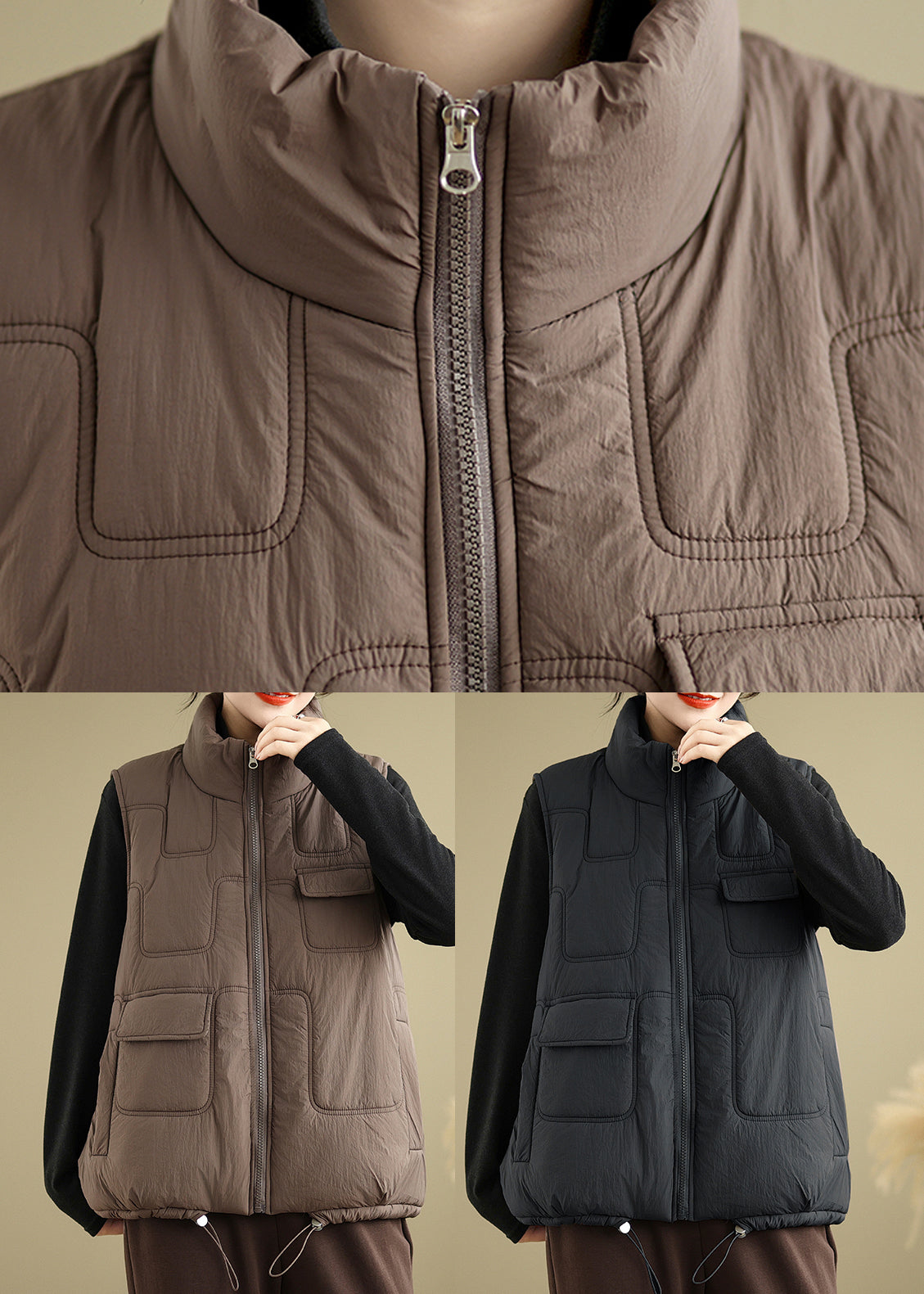 Black Zip Up Patchwork Fine Cotton Filled Vest Sleeveless
